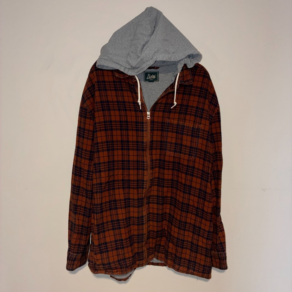 Hooded Flannel Shirt Jacket Brown Plaid Full Zip Mens 2XL Bixby Nomad Shacket